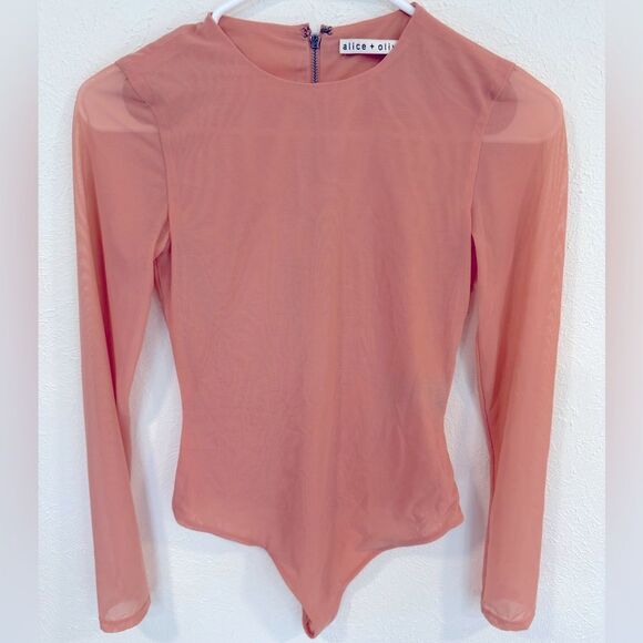 Alice + Olivia Sheer Mesh Bodysuit Top | Nude Salmon Pink Long Sleeve Snap Thong - Picture 2 of 4